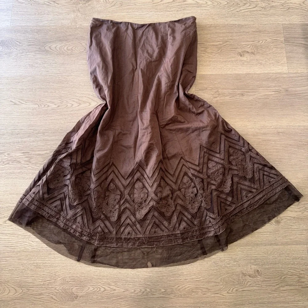 Nine West Boho A-Lined 100% Cotton Brown Embroidered Geometric Long Skirt Sz 2